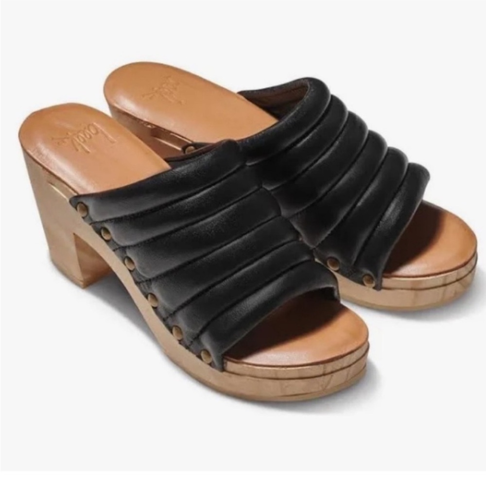 Beek Shoes Beek Roller Wooden Platform Clog Puffy Leather Black Honey